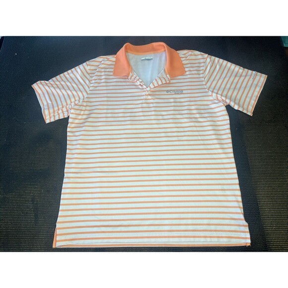 Columbia PFG Polo Shirt Mens Large Orange Striped Fishing Short Sleeves Collared - Picture 1 of 5